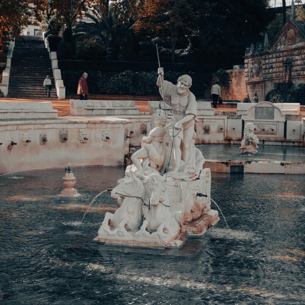 Beautiful historical fountain with sculptures in Priego de Córdoba, Andalucía, Spain.