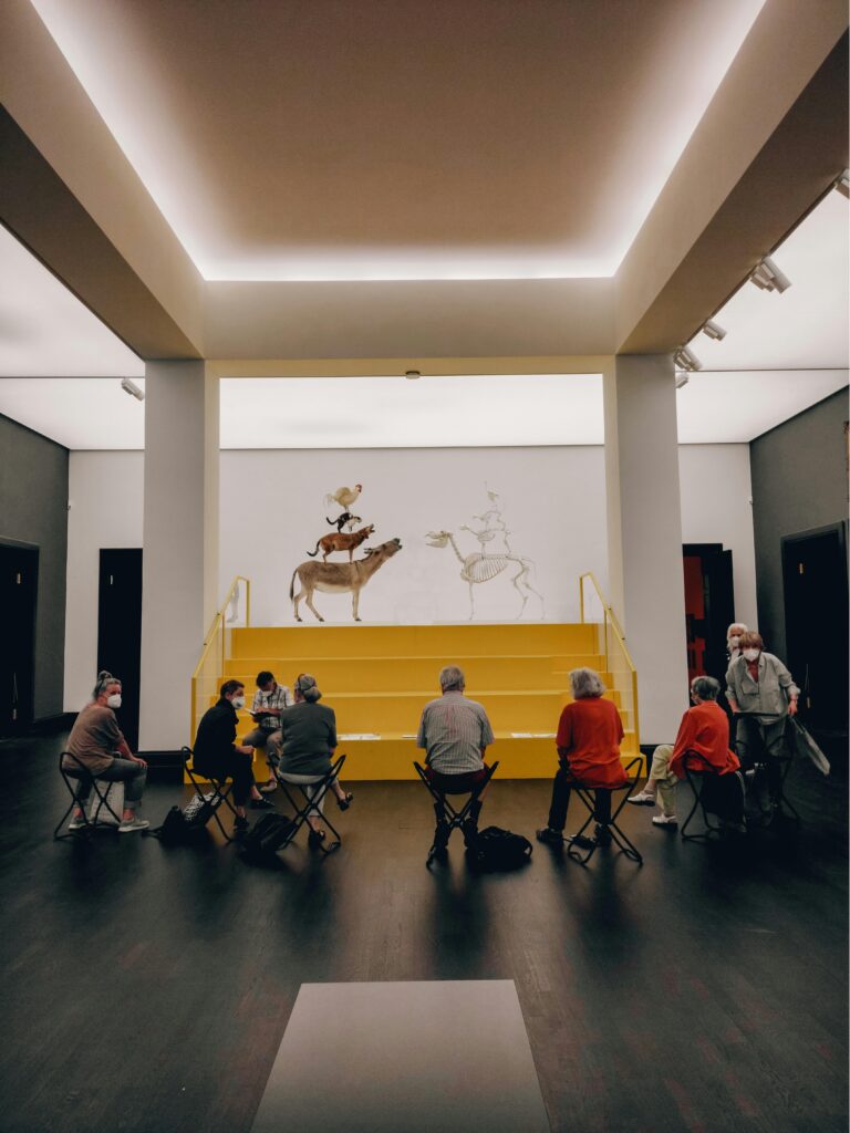 A group of adults seated in a modern museum gallery, observing an art installation.